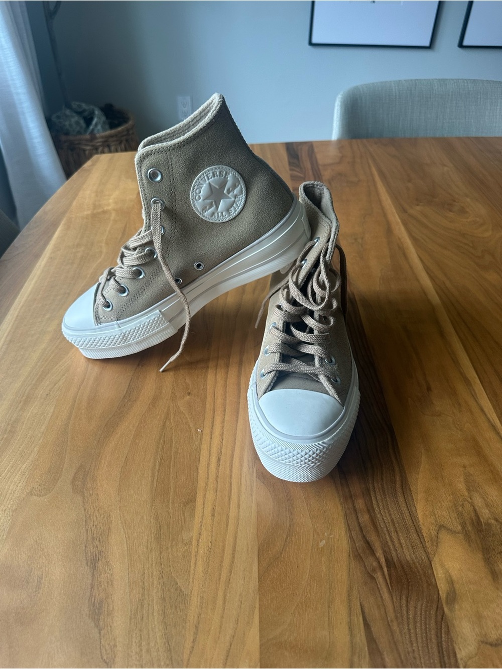 Converse High Top Platform Sneakers in Tan Suede